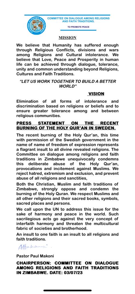 PRESS STATEMENT ON THE RECENT BURNING OF THE HOLY QUR’AN IN  SWEDEN. 